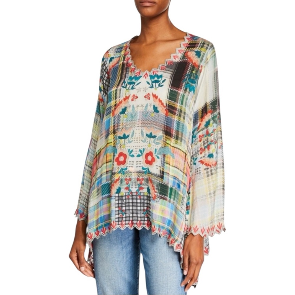 Johnny Was Multicolor Scallop-Edge Floral Plaid Tunic